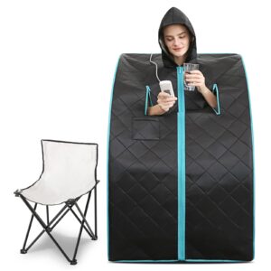 smartmak far infrared sauna with hat, portable personal full body home spa tent, separate heating foot pad and portable upgraded chair- green border