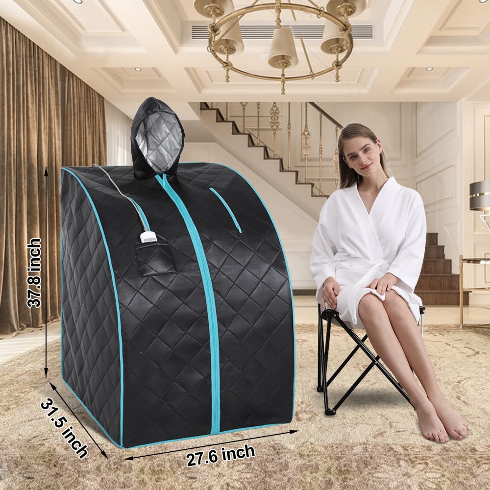 Smartmak Far Infrared Sauna with Hat, Portable Personal Full Body Home SPA Tent, Separate Heating Foot Pad and Portable Upgraded Chair- Green Border