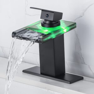 y-garhe led bathroom sink faucet - matte black single hole or 4 inch centerset waterfall faucet with glass spout and temperature-sensitive led lights, includes deck plate