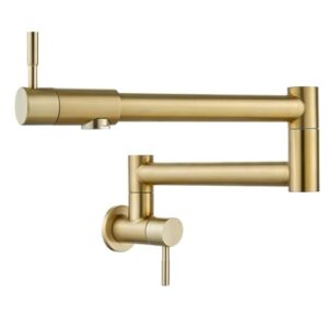brassqueen wall mounted pot filler kitchen faucet, brushed gold finish, 2.2 gpm, 15 l/min, 1/2 npt connecting thread, stainless steel core, dual ceramic valves, anti-scratch matte plating