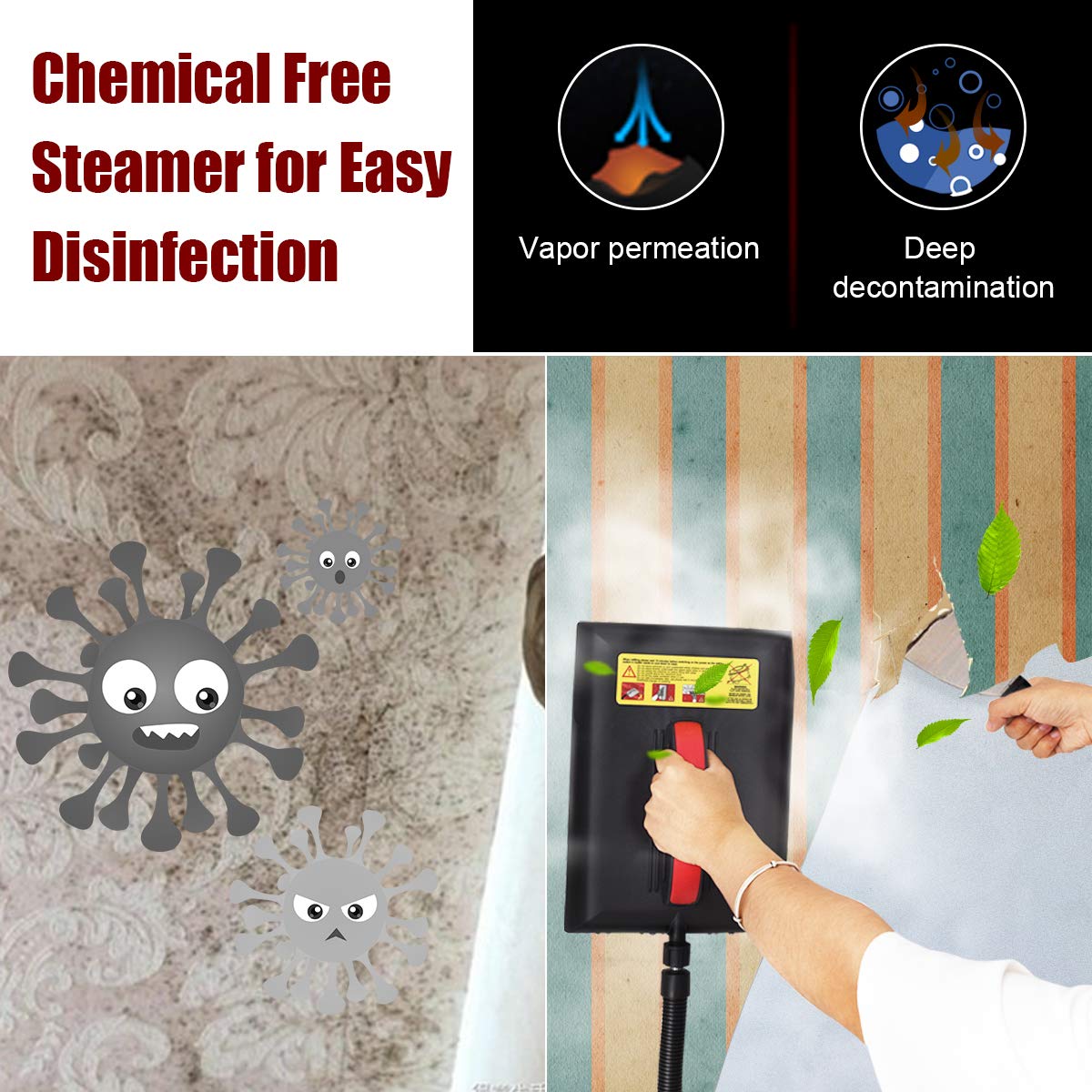 Moccha Wallpaper Stripper, Chemical-Free Cleaner w/Long Run Time, Included 2 Handles Portable Wallpaper Steamer Tool, Safety Power-Off Protection, Lightweight Design Remover, Easy to Use in Housework