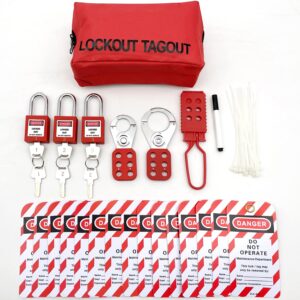 Lockout Tagout Kit Electrical Loto - Group Lockout Hasps, Lockout Tags, Safety Padlocks with Number, Nylon Ties with Pocket Bag(Red Kit)