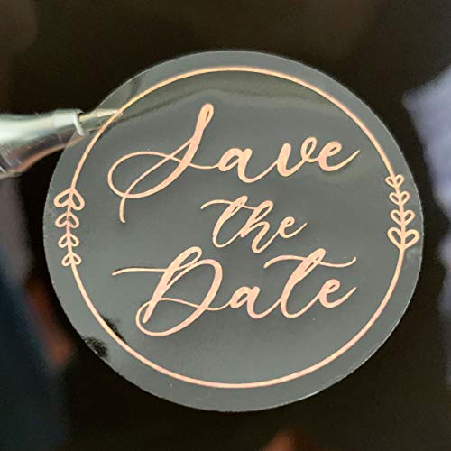 100 x Save the Date Stickers, Rose Gold Foil Stickers, Transparent Foil Labels, Gold Rose Stickers, Calligraphy Wedding Labels, Foil Labels, 1.6 inch (Rose Gold)