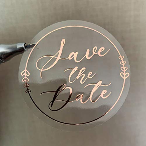 100 x Save the Date Stickers, Rose Gold Foil Stickers, Transparent Foil Labels, Gold Rose Stickers, Calligraphy Wedding Labels, Foil Labels, 1.6 inch (Rose Gold)