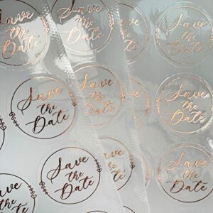 100 x Save the Date Stickers, Rose Gold Foil Stickers, Transparent Foil Labels, Gold Rose Stickers, Calligraphy Wedding Labels, Foil Labels, 1.6 inch (Rose Gold)