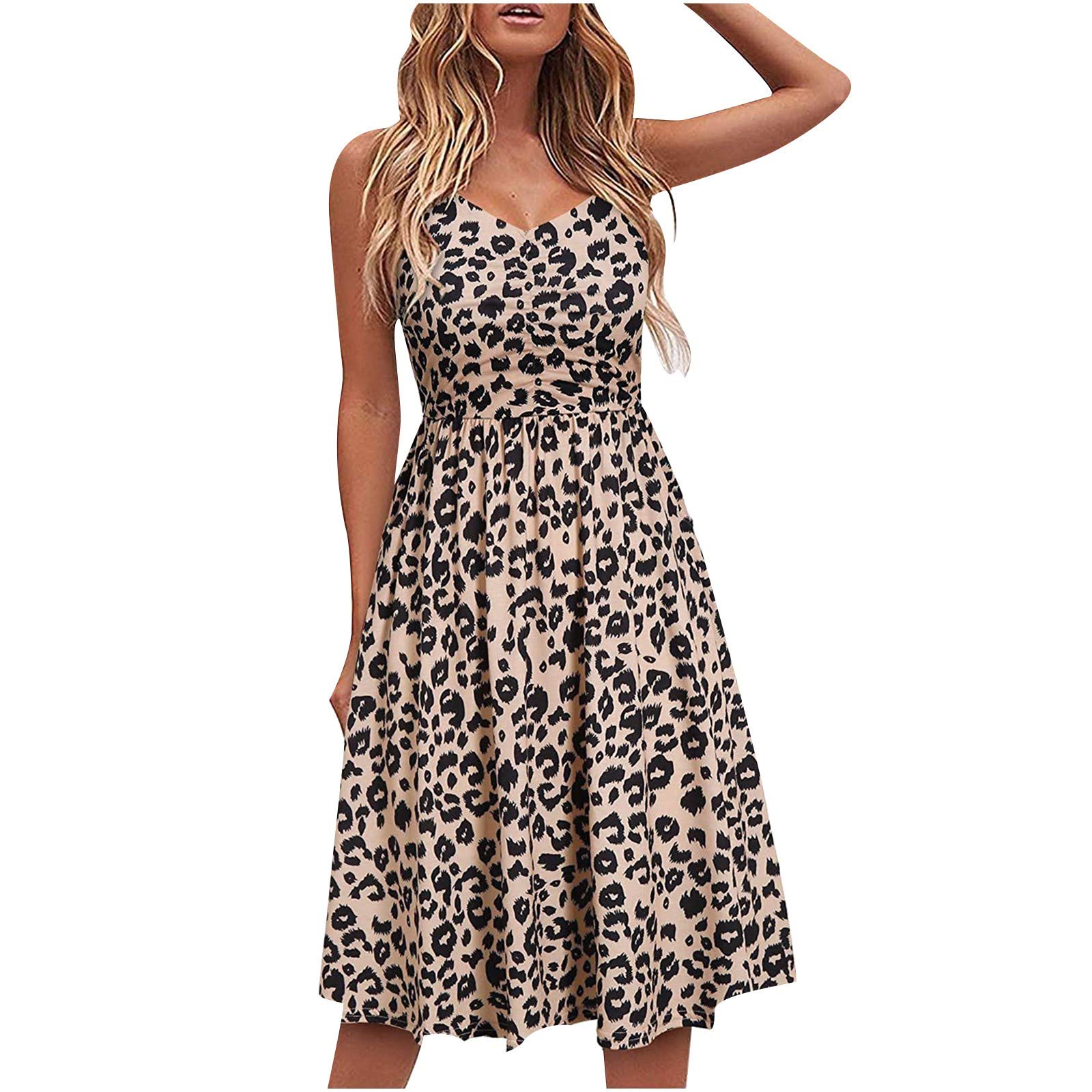 Dress for Women, Women Summer Sleeveless Sling Sleeveless V-Neck Dot Print A-line Casual Loose Mini Dress(Brown, XXL)