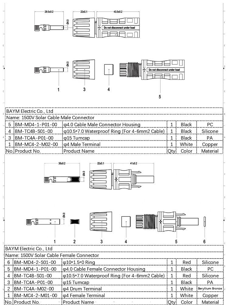 BAYM Connector Male Female Solar Panel Connector 30A 1500V for PV Cable 2.5/4/6mm 14/12/10 AWG Connect UV Resistant(5Pairs)