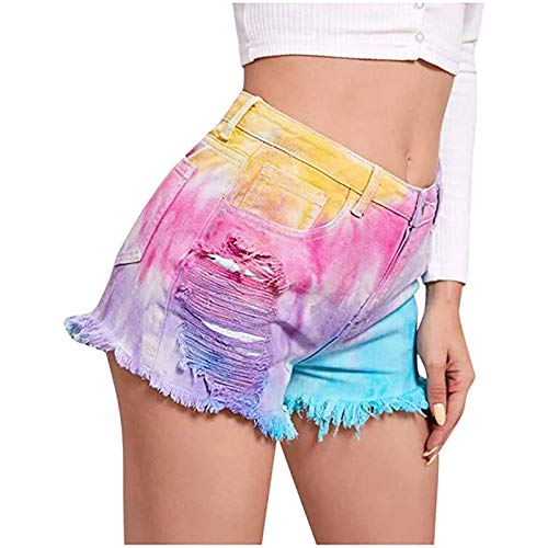 Sdeycui Shorts for Women, Womens Pocket Tie-dye Jeans Pants Female Hole Bottom Casual Denim Shorts(Blue, XL)