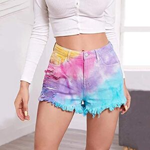 Sdeycui Shorts for Women, Womens Pocket Tie-dye Jeans Pants Female Hole Bottom Casual Denim Shorts(Blue, XL)