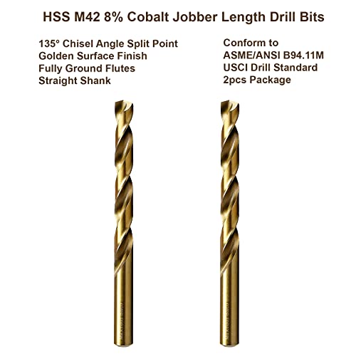 MAXTOOL 1/4" 2pcs Identical Jobber Length Drills HSS M42 Twist Drill Bits 8% Cobalt Fully Ground Golden Straight Shank Drills; JBF42G10R16P2