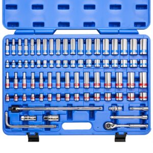 neiko 02472a 3/8-inch-drive colored mechanics tool ratchet, socket set, 76-piece standard and deep sae sizes 1/4" to 1" metric sizes 6 mm to 24 mm made with crv steel for auto repair
