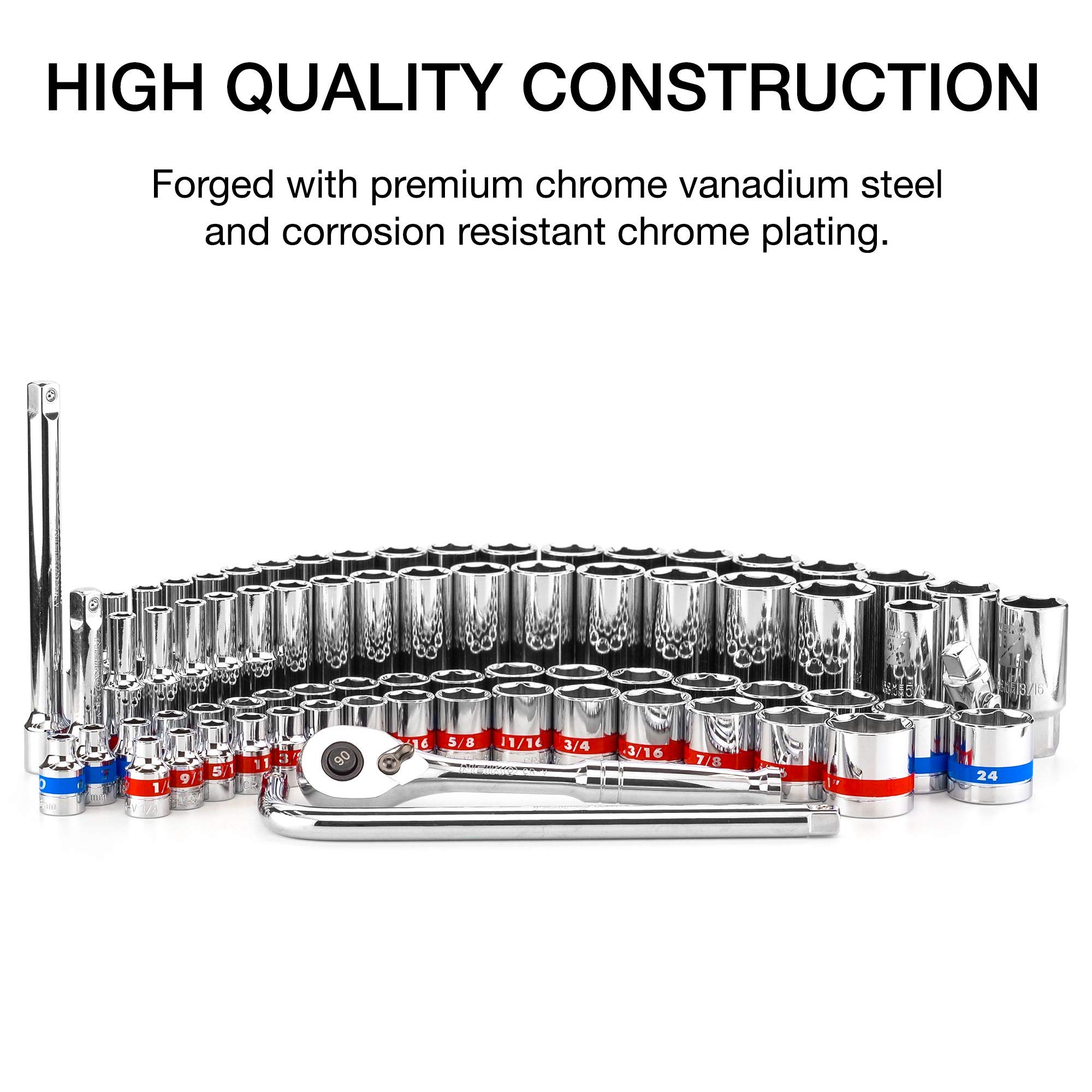 Neiko 02472A 3/8-Inch-Drive Colored Mechanics Tool Ratchet, Socket Set, 76-Piece Standard and Deep SAE Sizes 1/4" to 1" Metric Sizes 6 mm to 24 mm Made with CrV Steel for Auto Repair