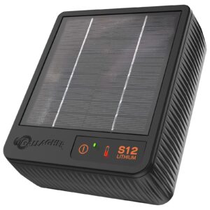 gallagher s12 solar electric fence charger | powers up to 4 miles / 18 acres of fence | solar lithium technology, 0.12 stored joule energizer | built-in earthing | portable and super tough