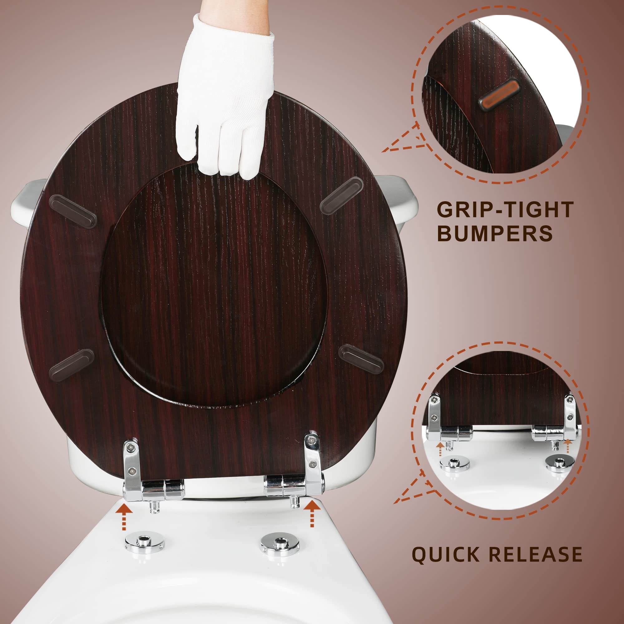 Round Toilet Seat Molded Wood Toilet Seat with Quietly Close and Quick Release Hinges, Easy to Install also Easy to Clean by Angol Shiold (Round, Dark Brown)