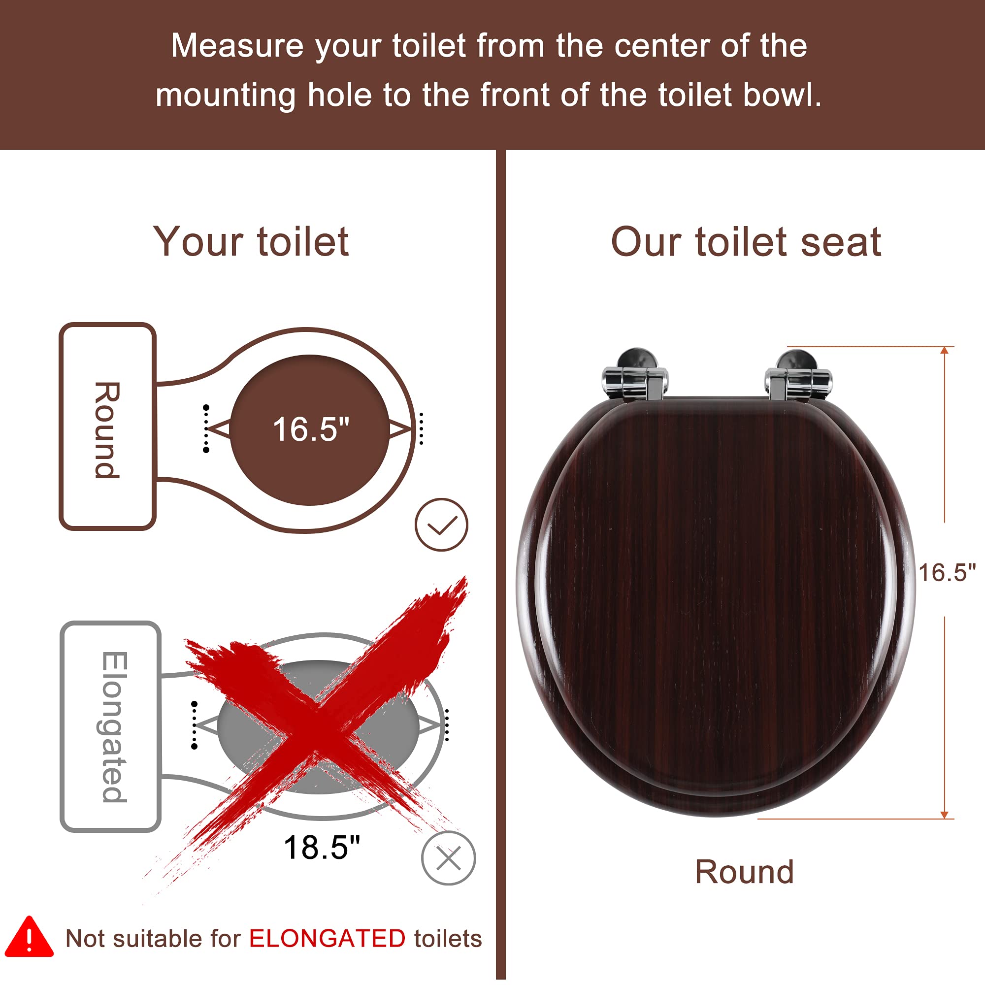 Round Toilet Seat Molded Wood Toilet Seat with Quietly Close and Quick Release Hinges, Easy to Install also Easy to Clean by Angol Shiold (Round, Dark Brown)