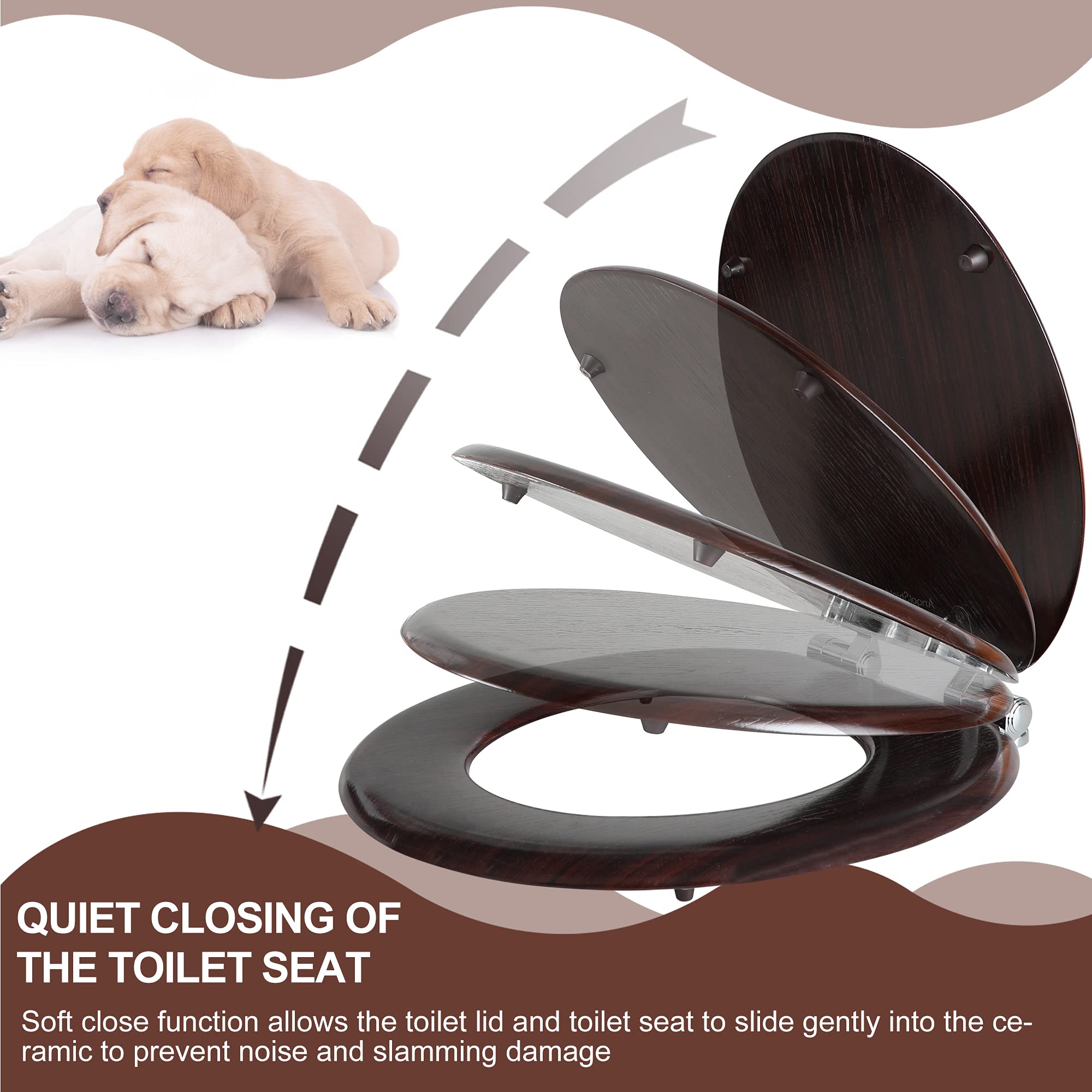 Round Toilet Seat Molded Wood Toilet Seat with Quietly Close and Quick Release Hinges, Easy to Install also Easy to Clean by Angol Shiold (Round, Dark Brown)