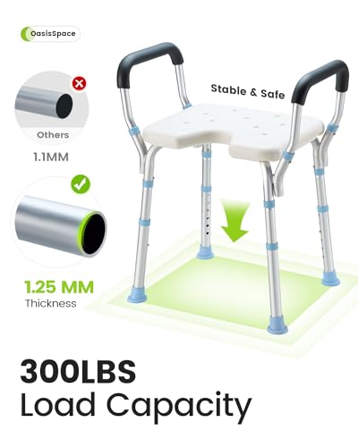 OasisSpace Adjustable Shower Chair with Arms for Inside Shower, Heavy Duty Shower Bench with Cutout Seat 300lbs, Medical Tool Free Bathtub Stool for Seniors, Elderly, Handicap, Disabled