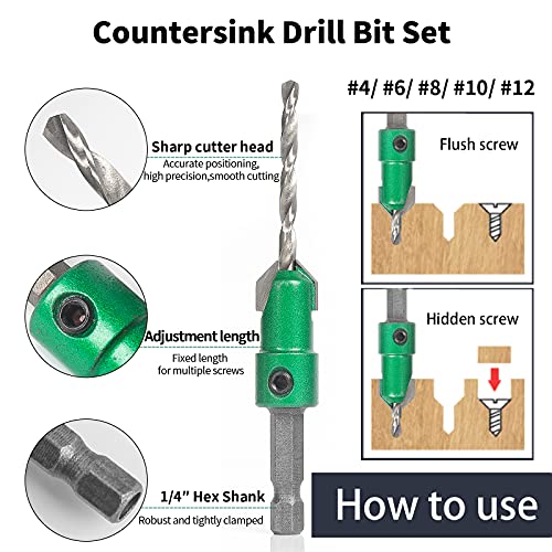 KOWOOD Pro Countersink Drill Bit Set #4, 6, 8, 10, 12, 5-Piece for Wood,High Speed Steel Woodworking Carpentry Reamer with 1 Free Hex Key Wrench