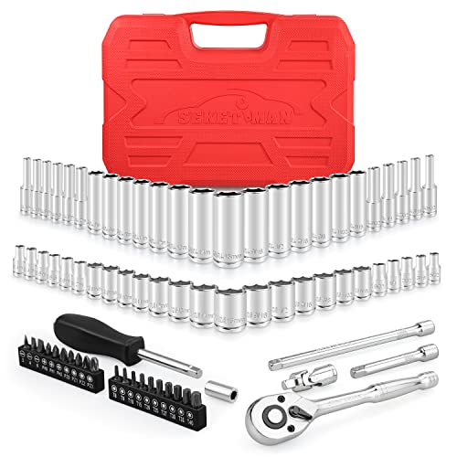 SEKETMAN 76-Piece 1/4" Drive Socket Set,1/4-Inch Drive Master Socket Set with Ratchets,Extensions with 1/4" Drive Bits Set,Universal Joint (5/32-Inch- 9/16-Inch, 4mm-15mm)