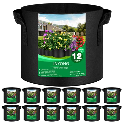 JNYONG 12-Pack 5 Gallon Thickened Non-Woven Grow Bags, Aeration Fabric Pots with Handles