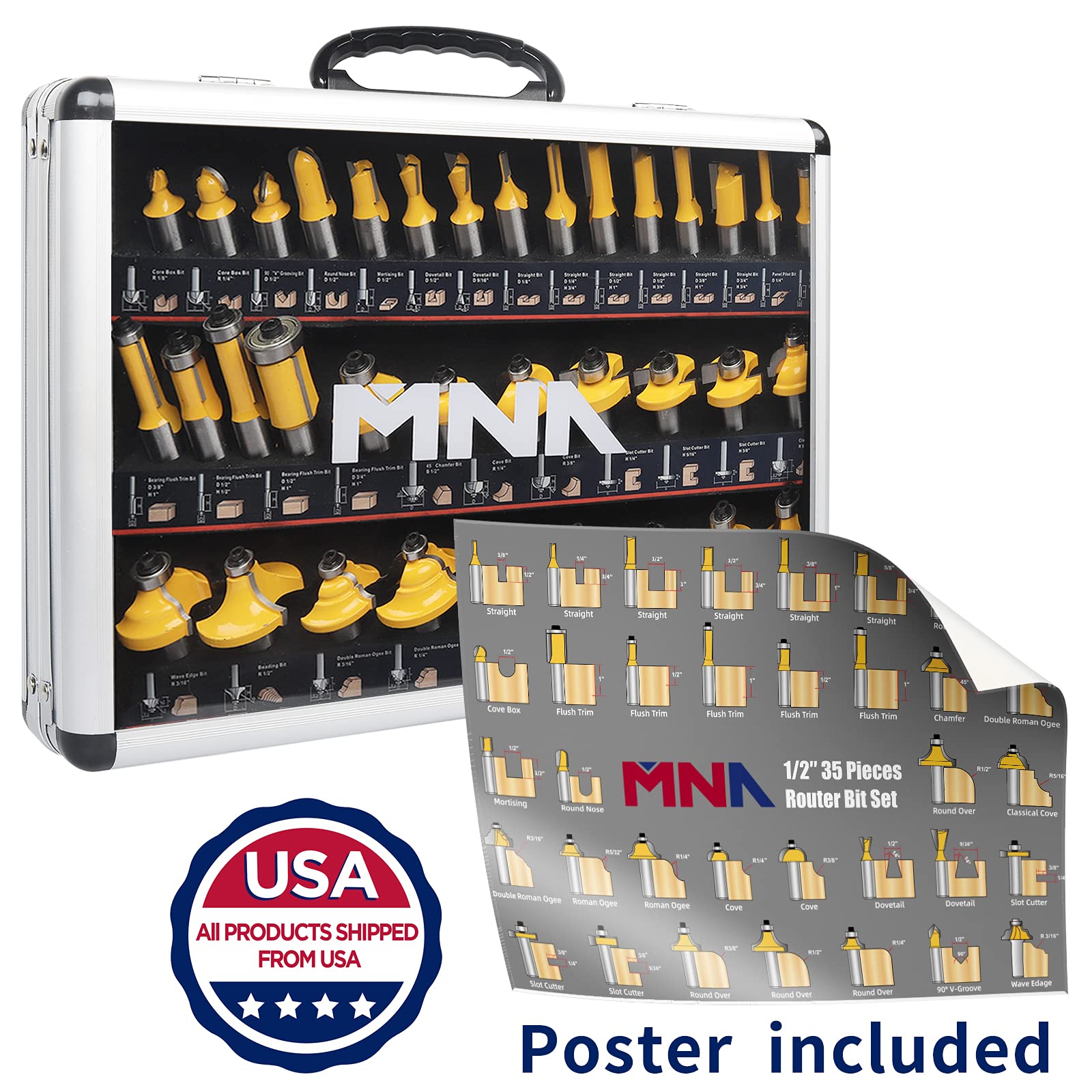 MNA Router Bits 35 Pcs Set, 35 Pieces 1/2 Inch Shank Router Bit Kit. American Router Bit Set Complete Set.