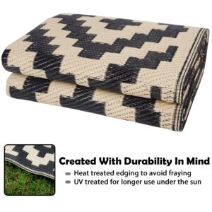 SAND MINE Reversible Mats, Plastic Straw Rug, Modern Area Rug, Large Floor Mat and Rug for Outdoors, RV, Patio, Backyard, Deck, Picnic, Beach, Trailer, Camping, Black & Beige, 5' x 8'