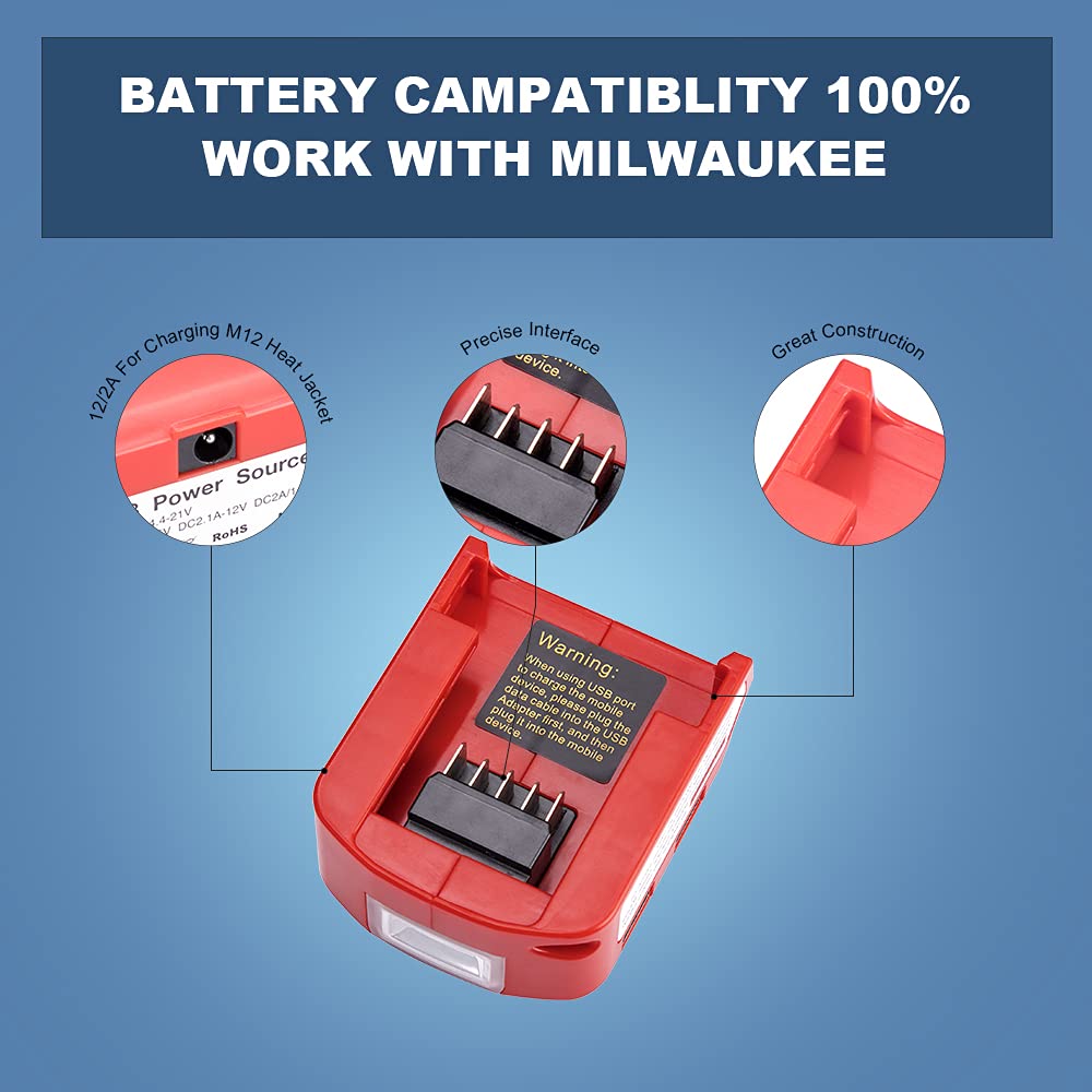 for Milwaukee M18 Battery Adapter, DC Port & 3W LED Work Light & Dual USB Charger Adapter Converter Compatible with Milwaukee Phone Charger 14.4V/18V Battery 49-24-2371 Power Source