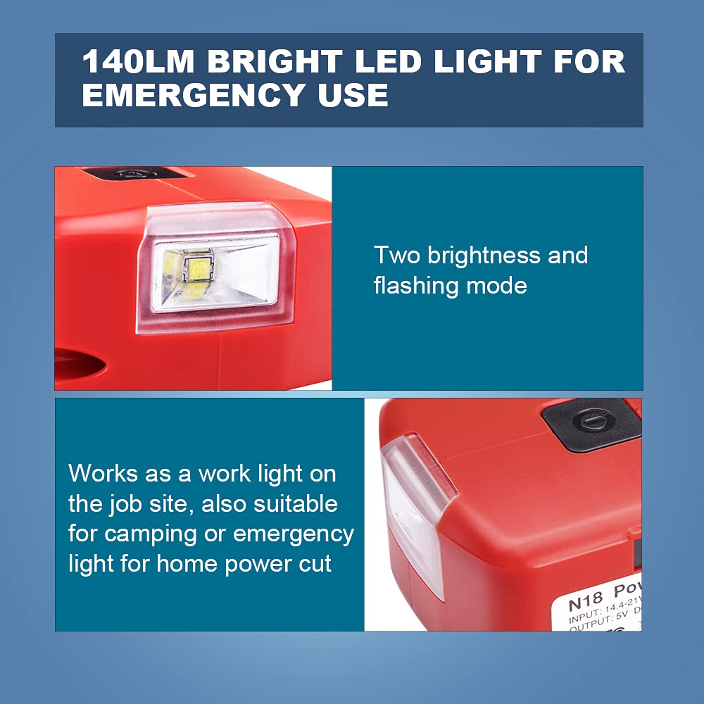 for Milwaukee M18 Battery Adapter, DC Port & 3W LED Work Light & Dual USB Charger Adapter Converter Compatible with Milwaukee Phone Charger 14.4V/18V Battery 49-24-2371 Power Source