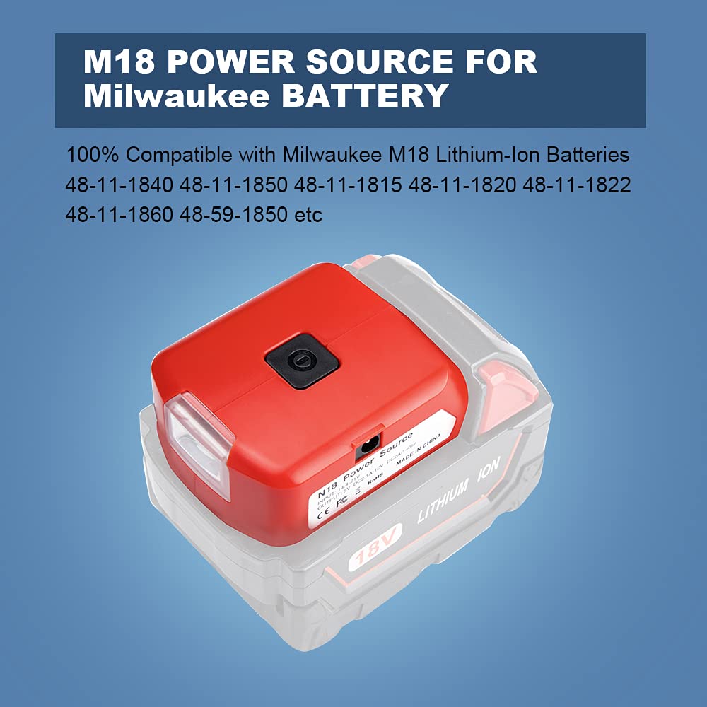 for Milwaukee M18 Battery Adapter, DC Port & 3W LED Work Light & Dual USB Charger Adapter Converter Compatible with Milwaukee Phone Charger 14.4V/18V Battery 49-24-2371 Power Source