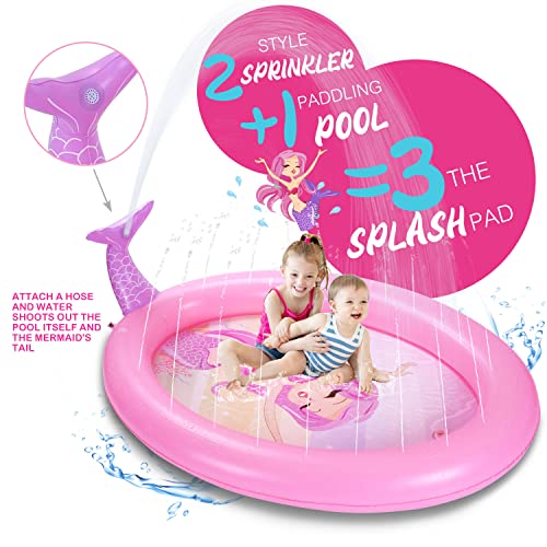 Splash Pad Kiddie Pool,Sprinkler for Kids,Inflatable Swimming Pool for Toddler Child,Outdoor Water Toys for 1 2 3 4 5 Years Old (Mermaid)