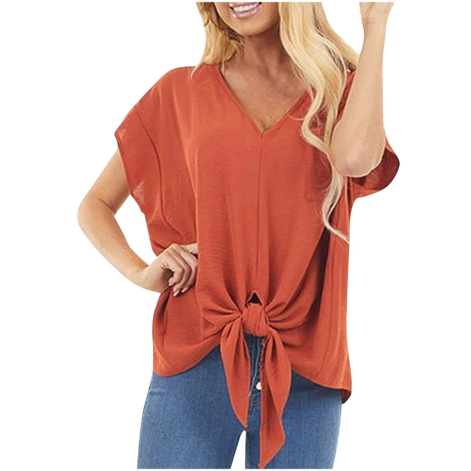 Bravetoshop Women Summer T Shirts Short Sleeve V Neck Tie Knot Pocket Tee Tops Casual Loose Blouse (Orange,L)