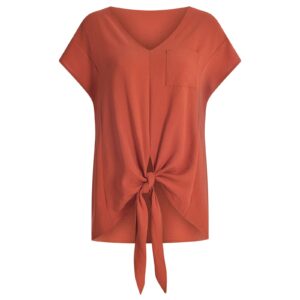 Bravetoshop Women Summer T Shirts Short Sleeve V Neck Tie Knot Pocket Tee Tops Casual Loose Blouse (Orange,L)