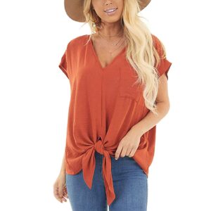 Bravetoshop Women Summer T Shirts Short Sleeve V Neck Tie Knot Pocket Tee Tops Casual Loose Blouse (Orange,L)