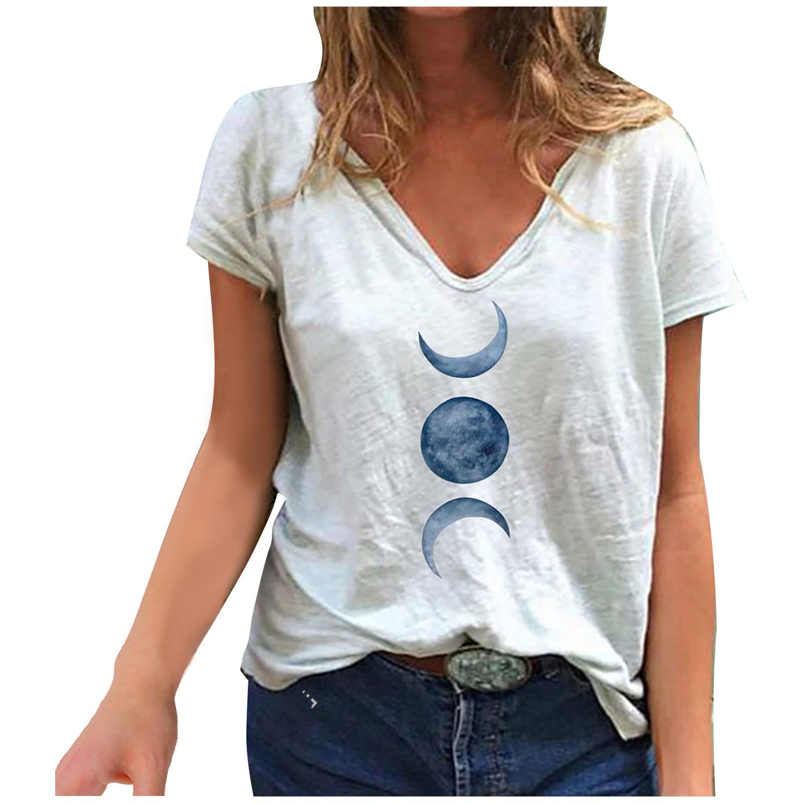 Bravetoshop Womens Tshirts Short Sleeve V Neck Moon and Sun Graphic Summer Casual Blouse Tops (White,XXL)