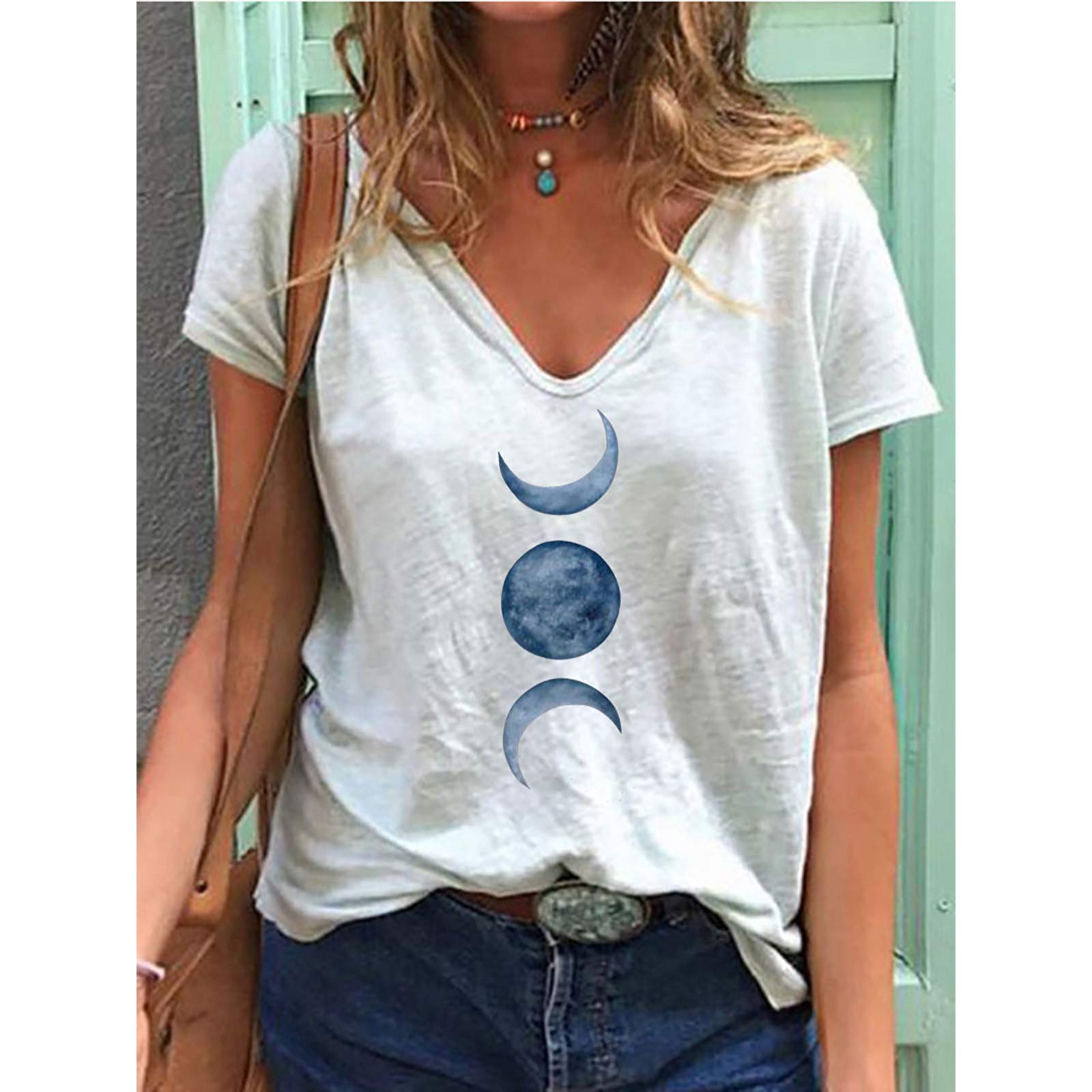 Bravetoshop Womens Tshirts Short Sleeve V Neck Moon and Sun Graphic Summer Casual Blouse Tops (White,XXL)