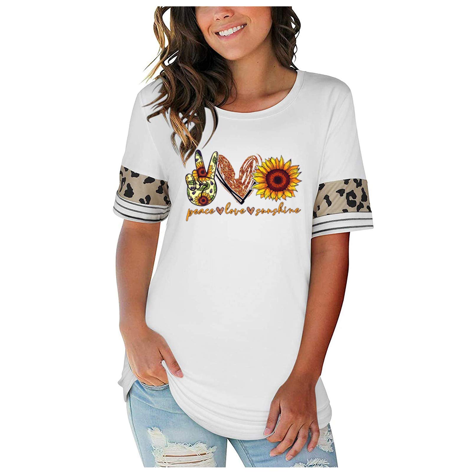 Bravetoshop Womens T Shirts Summer Short Sleeve Peace Love Sunshine Sunflower Graphic Blouse Shirts Casual Tee Tops (A-White,L)