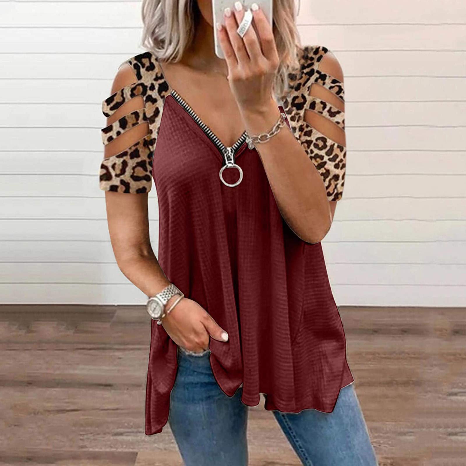 Bravetoshop Women's V Neck Zipper Tops Sexy Cold Shoulder Short Sleeve Flowy Shirts Summer Casual Blouse Tunic Tops (Red,S)