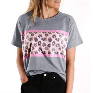bravetoshop women summer t shirts short sleeve crewneck basic tees leopard patchwork casual blouse tops (gray,s)