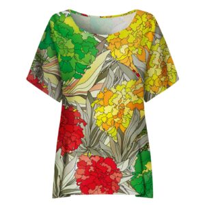 Bravetoshop Womens Summer Casual T-Shirts Short Sleeve Blouse Floral Graphic V-Neck Loose Fit Tops (Yellow,M)