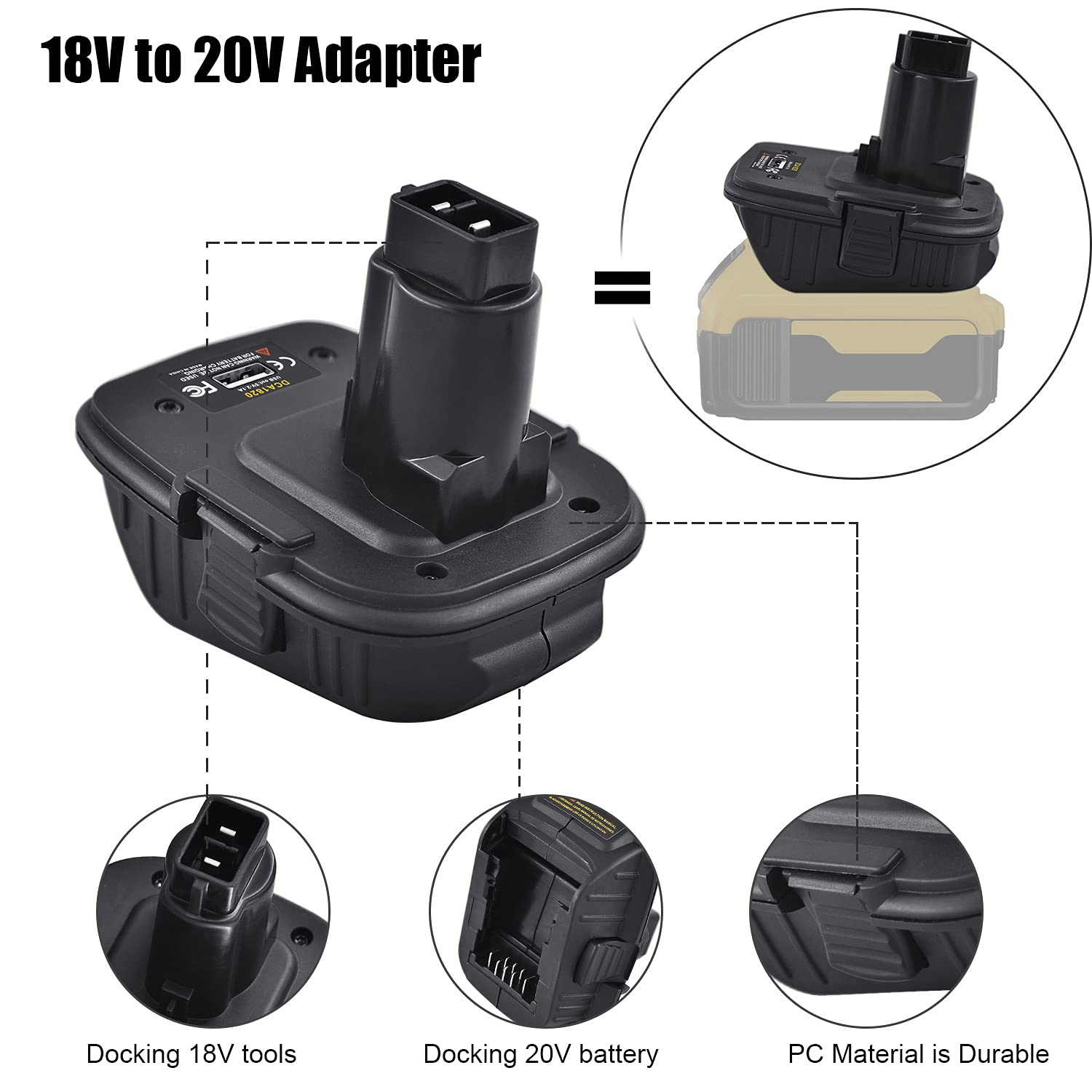 DCA1820 Battery Adapter Replacement for Dewalt 18v to 20v Adapter, Convert 20v Lithium Battery DCB206 DCB205 to 18v NiCad & NiMh Tool Battery DC9096 DC9098, with 5V USB Port [2Pack]