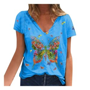 bravetoshop women summer t shirts short sleeve v neck butterfly graphic blouse casual loose fit tee tops (blue,xl)