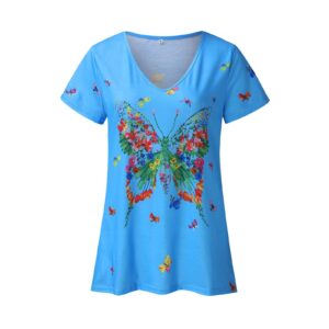 Bravetoshop Women Summer T Shirts Short Sleeve V Neck Butterfly Graphic Blouse Casual Loose Fit Tee Tops (Blue,XL)