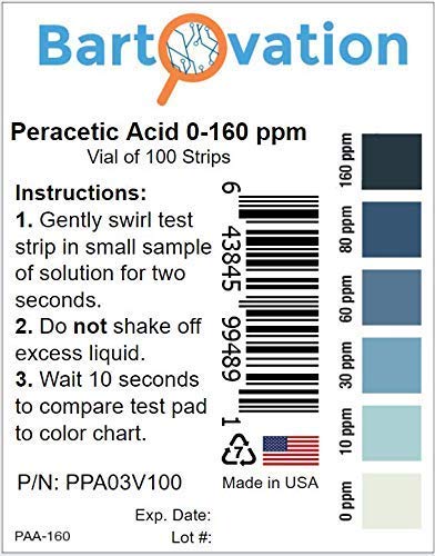 Peracetic Acid 0-160 ppm & Chlorine 0-200 ppm Test Strips [100 Strips of Each]