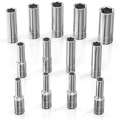 Olsa Tools SAE Socket Set (13pc) | 1/4-Inch Drive | 6-Point Deep Socket Set | Standard Imperial Sizes from 1/8" to 5/8" | Mechanic Fractional Socket Sets | Long Chrome Sockets | Professional Grade