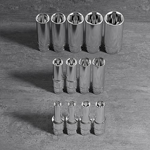 Olsa Tools SAE Socket Set (13pc) | 1/4-Inch Drive | 6-Point Deep Socket Set | Standard Imperial Sizes from 1/8" to 5/8" | Mechanic Fractional Socket Sets | Long Chrome Sockets | Professional Grade