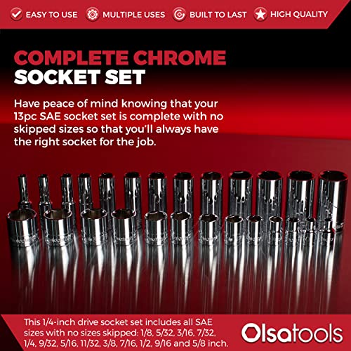 Olsa Tools SAE Socket Set (13pc) | 1/4-Inch Drive | 6-Point Deep Socket Set | Standard Imperial Sizes from 1/8" to 5/8" | Mechanic Fractional Socket Sets | Long Chrome Sockets | Professional Grade