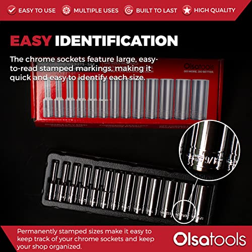 Olsa Tools SAE Socket Set (13pc) | 1/4-Inch Drive | 6-Point Deep Socket Set | Standard Imperial Sizes from 1/8" to 5/8" | Mechanic Fractional Socket Sets | Long Chrome Sockets | Professional Grade