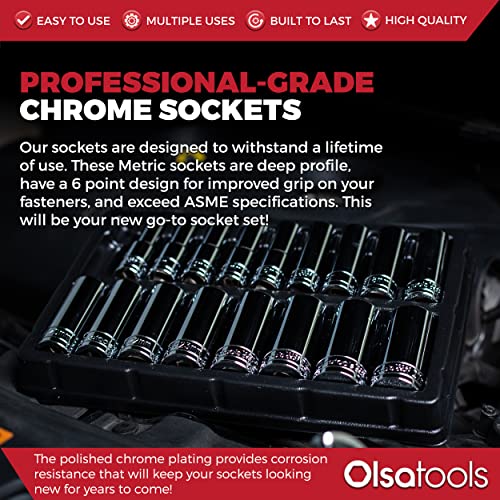 Olsa Tools Metric Socket Set (18pc) | 1/2-Inch Drive | 6-Point Deep Socket Set | Metric Sizes from 10 mm to 27 mm | Mechanic Metric Socket Sets | Long Chrome Sockets | Professional Grade