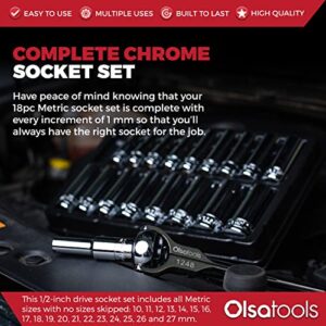 Olsa Tools Metric Socket Set (18pc) | 1/2-Inch Drive | 6-Point Deep Socket Set | Metric Sizes from 10 mm to 27 mm | Mechanic Metric Socket Sets | Long Chrome Sockets | Professional Grade