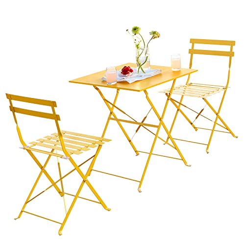 SUMETURE 3Pcs Patio Bistro Set, Folding Outdoor Patio Furniture Sets,1 Folding Patio Table and 2 Chairs Indoor and Outdoor for Patio, Yard, Garden(Yellow)